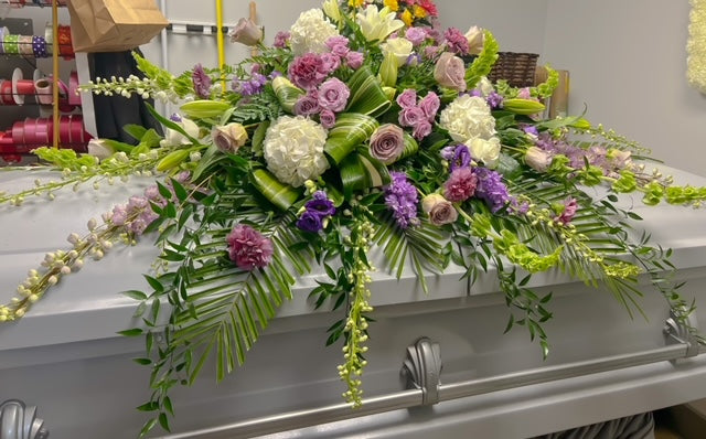 Purple and White Casket Spray