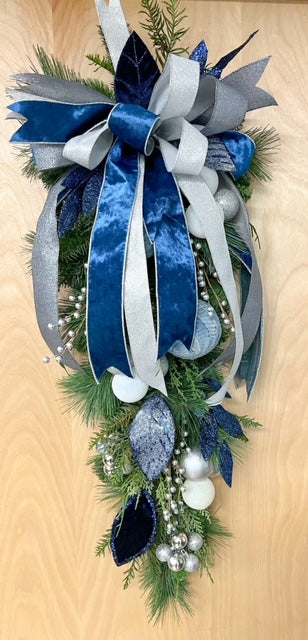 Royal Blue and Silver Christmas Holiday Door Swag (Artificial)